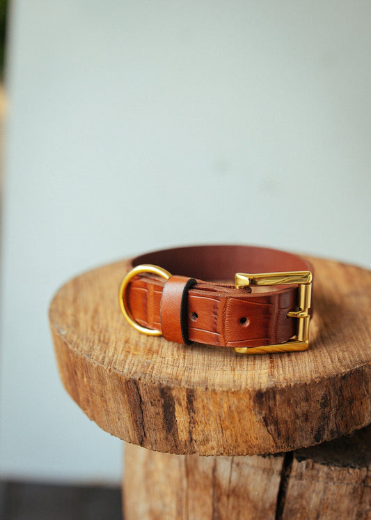 The Real McCaul Leathergoods Pet Collars & Harnesses Embossed Dog Collar - Croc Print - 30mm - Tan Australian Made Australian Owned Leather Dog Collar with Brass Fittings- Australian Made