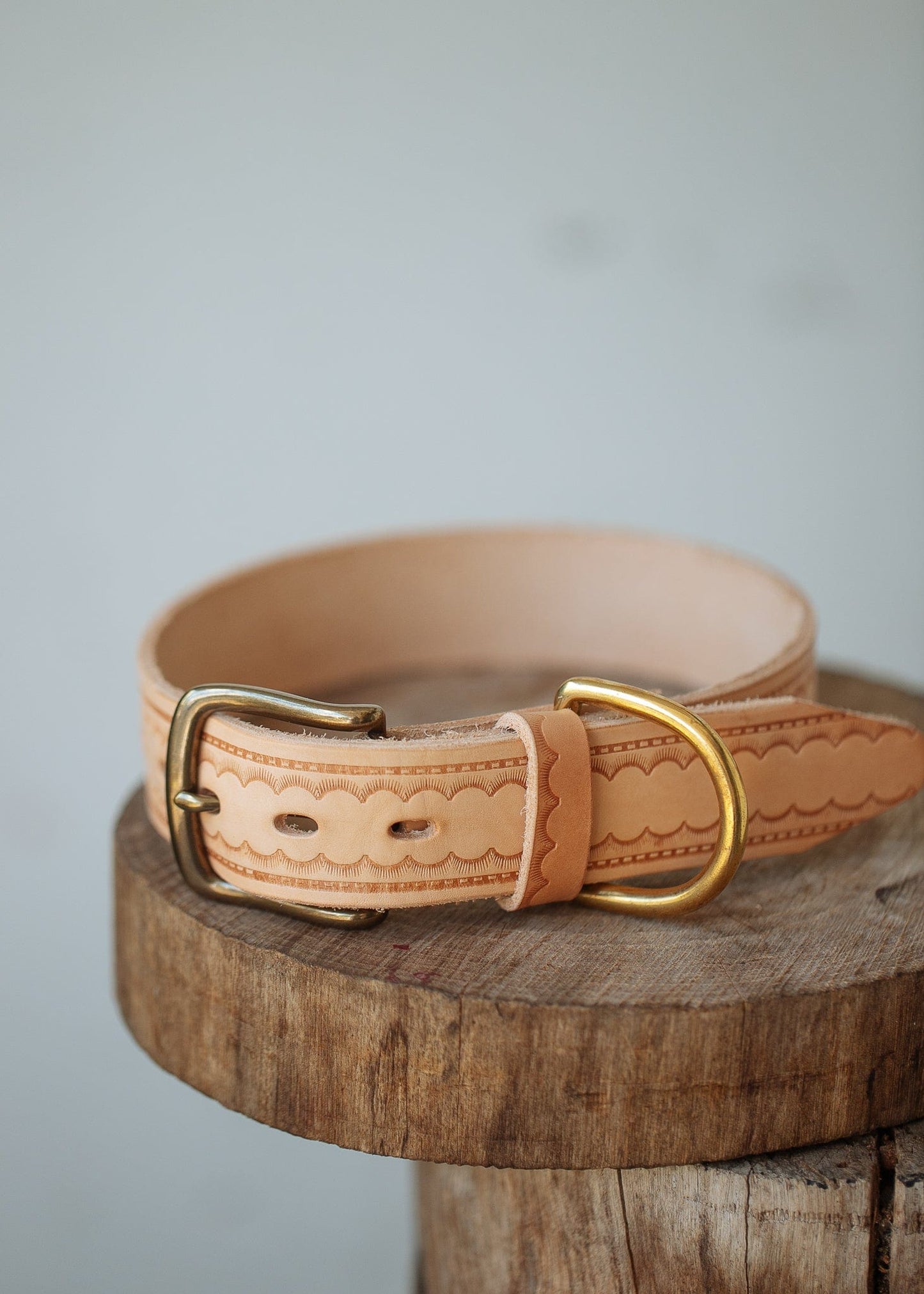 The Real McCaul Leathergoods Pet Collars & Harnesses Embossed Dog Collar - Scallop - 38mm - Natural Australian Made Australian Owned Leather Dog Collar with Brass Fittings- Australian Made