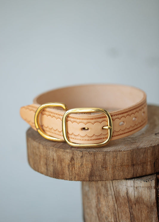 The Real McCaul Leathergoods Pet Collars & Harnesses Embossed Dog Collar - Scallop - 38mm - Natural Australian Made Australian Owned Leather Dog Collar with Brass Fittings- Australian Made
