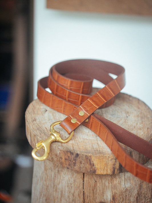 The Real McCaul Leathergoods Pet Leashes Wide Dog Leash - Tan Croc Print Australian Made Australian Owned Leather Dog Collar and Lead with Brass Fittings- Australian Made