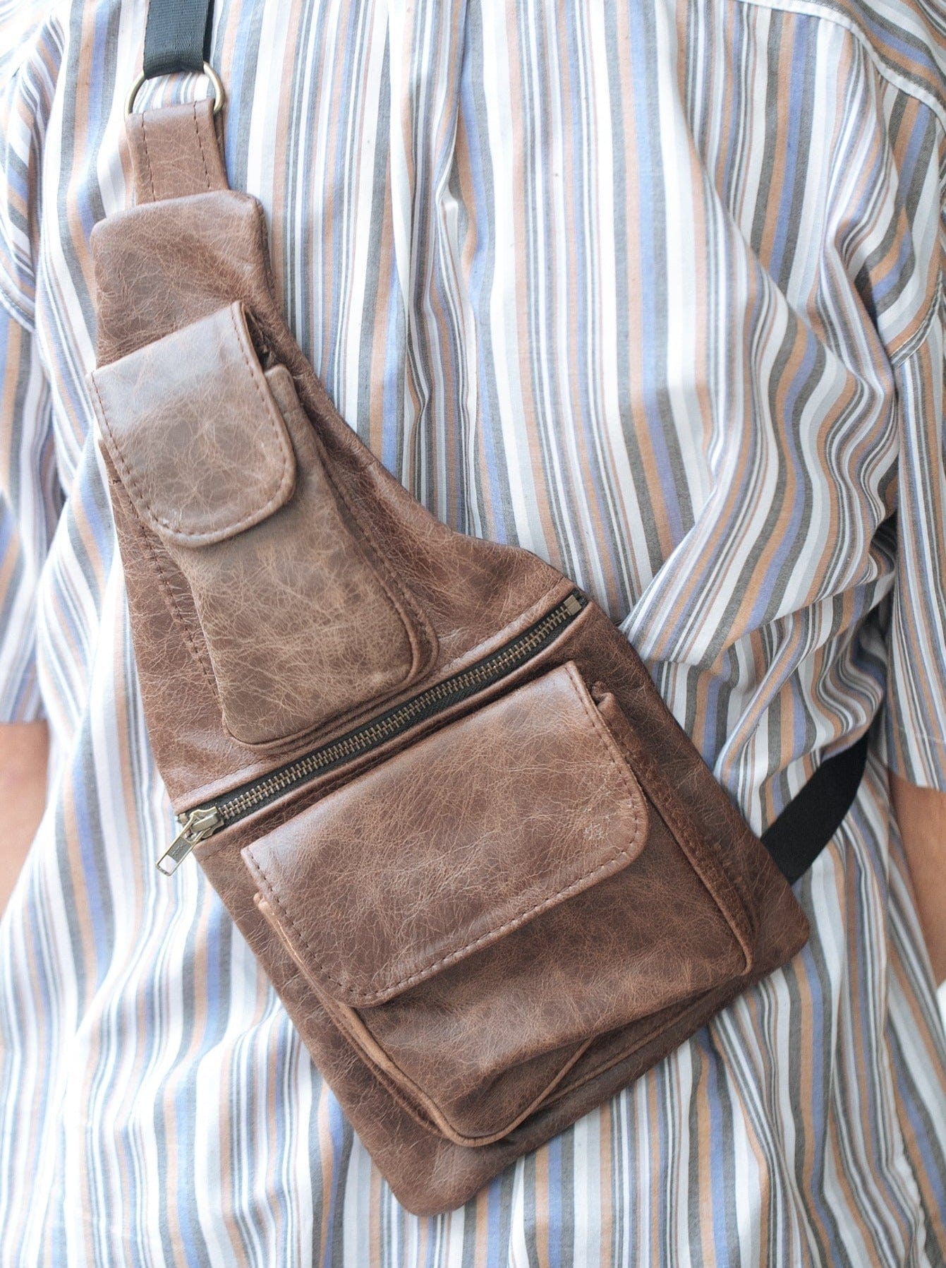 The Real McCaul Leathergoods Travel Bag Marble Brown / Cowhide Men’s Sling Bag Australian Made Australian Owned