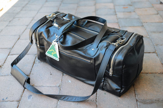 The Real McCaul Travel Bag Black / Silver / Kangaroo Square Overnight Traveller Bag - Kangaroo Australian Made Australian Owned Leather Overnight Travel Bag Duffle Made In Australia Handcrafted