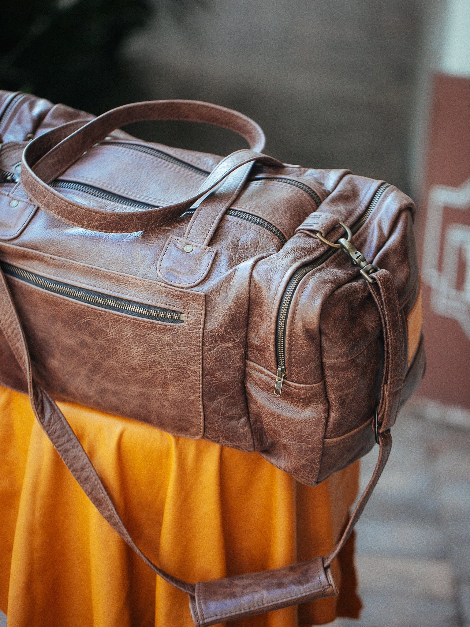 The Real McCaul Travel Bag Brown Marble / Brass Square Overnight Traveller Bag - Cowhide Australian Made Australian Owned Leather Overnight Travel Bag Duffle Made In Australia Handcrafted