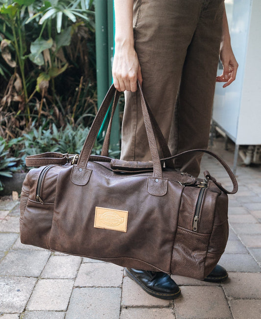 The Real McCaul Travel Bag Brown Mottle / Brass Square Overnight Traveller Bag - Cowhide Australian Made Australian Owned Leather Overnight Travel Bag Duffle Made In Australia Handcrafted