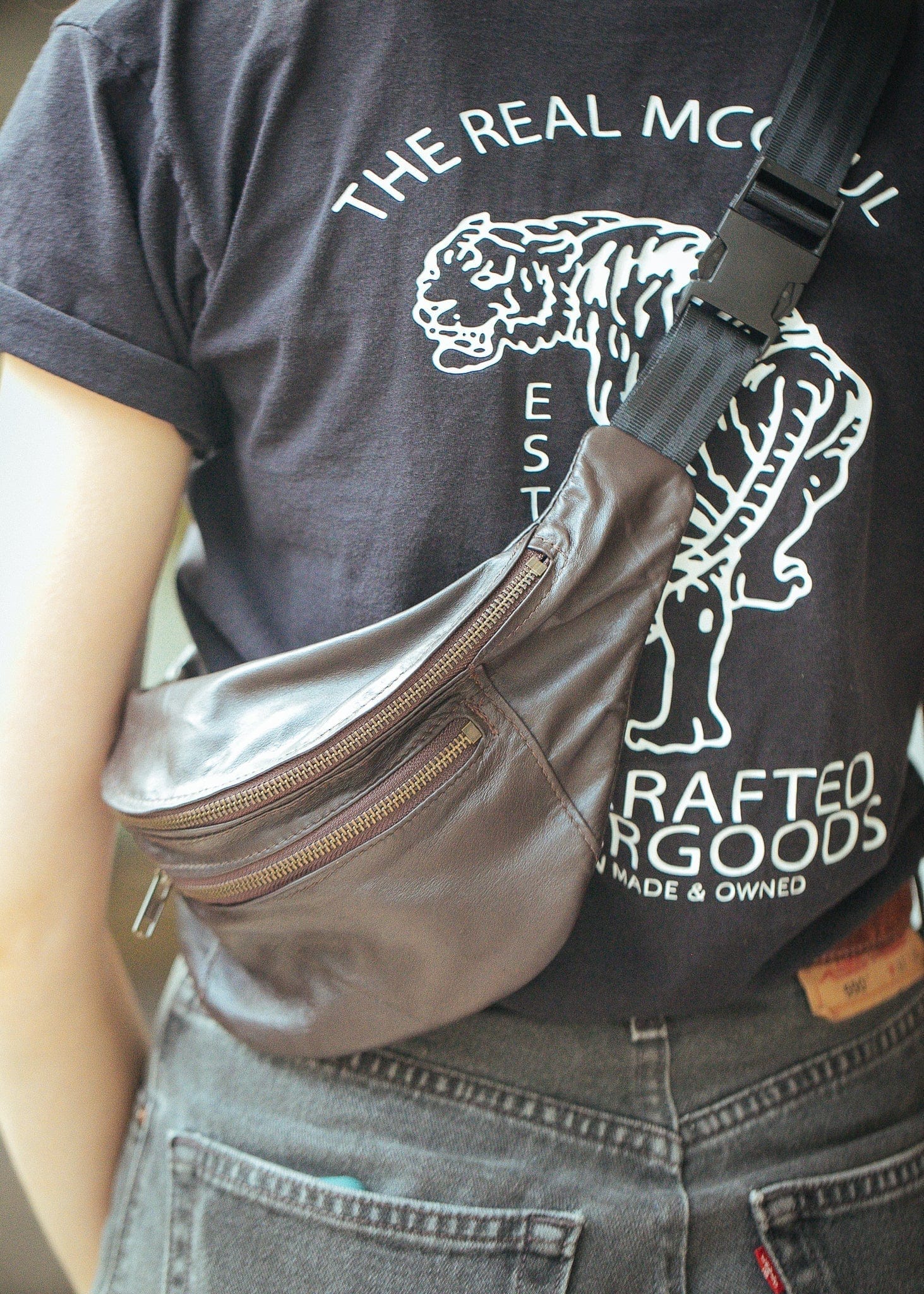 The Real McCaul Travel Bag Classic Bum Bag - Medium - Premium Kangaroo Australian Made Australian Owned Leather Bum Bag Handmade in Australia Kangaroo & Cowhide 