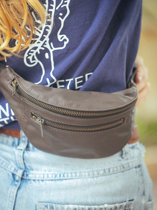 The Real McCaul Travel Bag Dark Brown / Brass / Small (26" - 34") Classic Bum Bag - Medium - Cowhide Australian Made Australian Owned Leather Bum Bag Handmade in Australia Kangaroo & Cowhide 